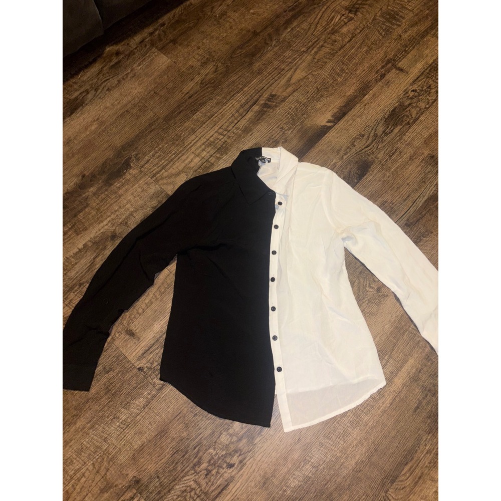 Fashion Nova Womens Black White Split Two Tone Button Down Blouse Top Medium